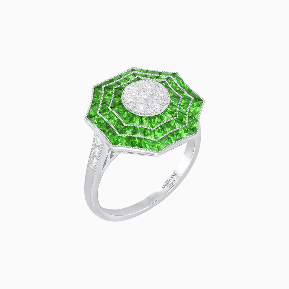 Art Deco Inspired Cocktail Illusion Diamond Ring with Gemstone - Shahin Jewelry