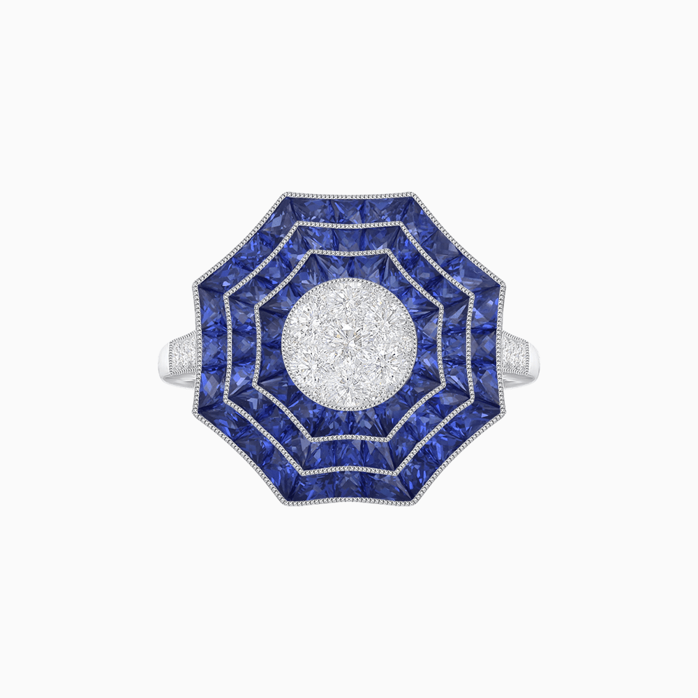 Art Deco Inspired Cocktail Illusion Diamond Ring with Gemstone - Shahin Jewelry