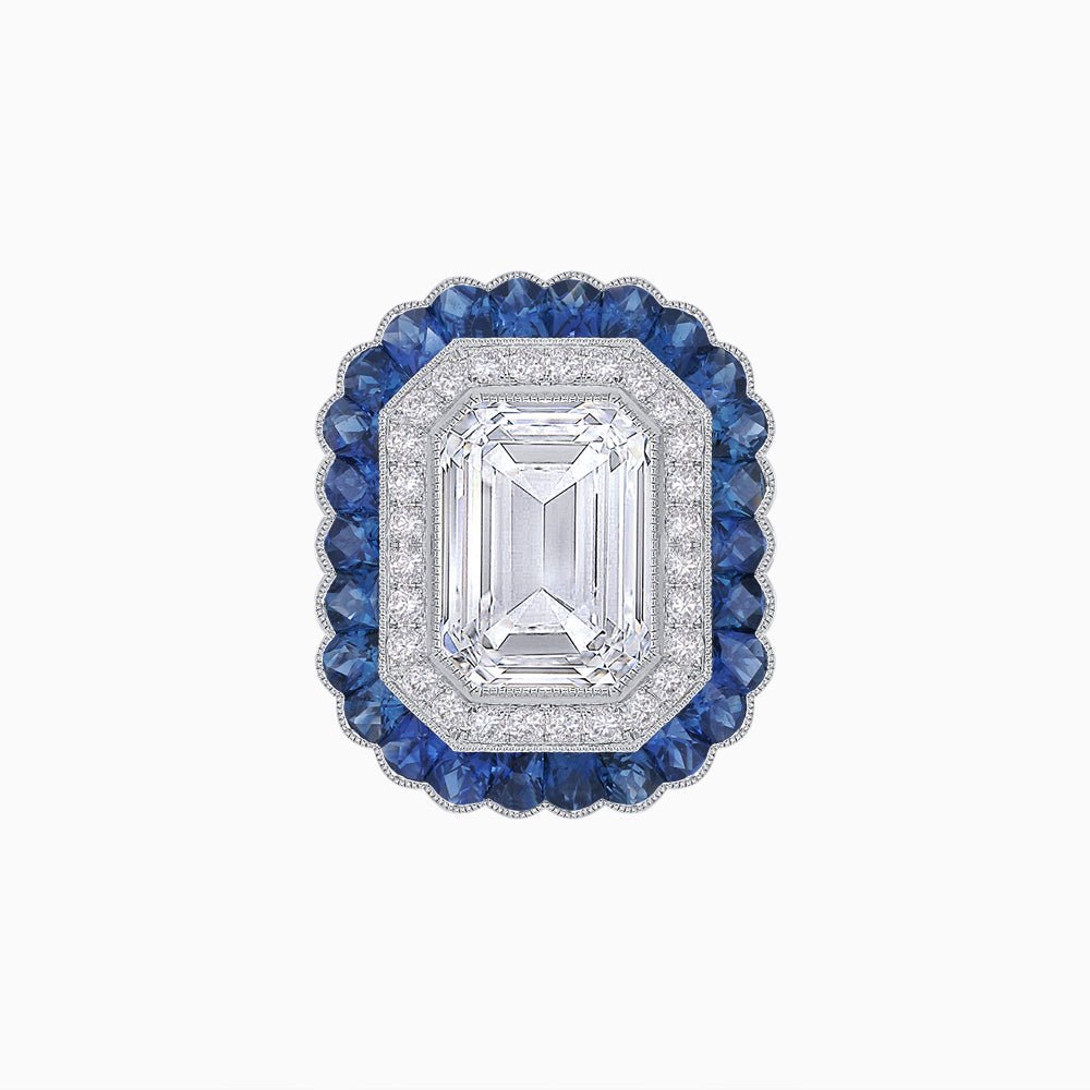 Art Deco Inspired Convertible Emerald Cut Double Halo Ring Pendant - Shahin Jewelry