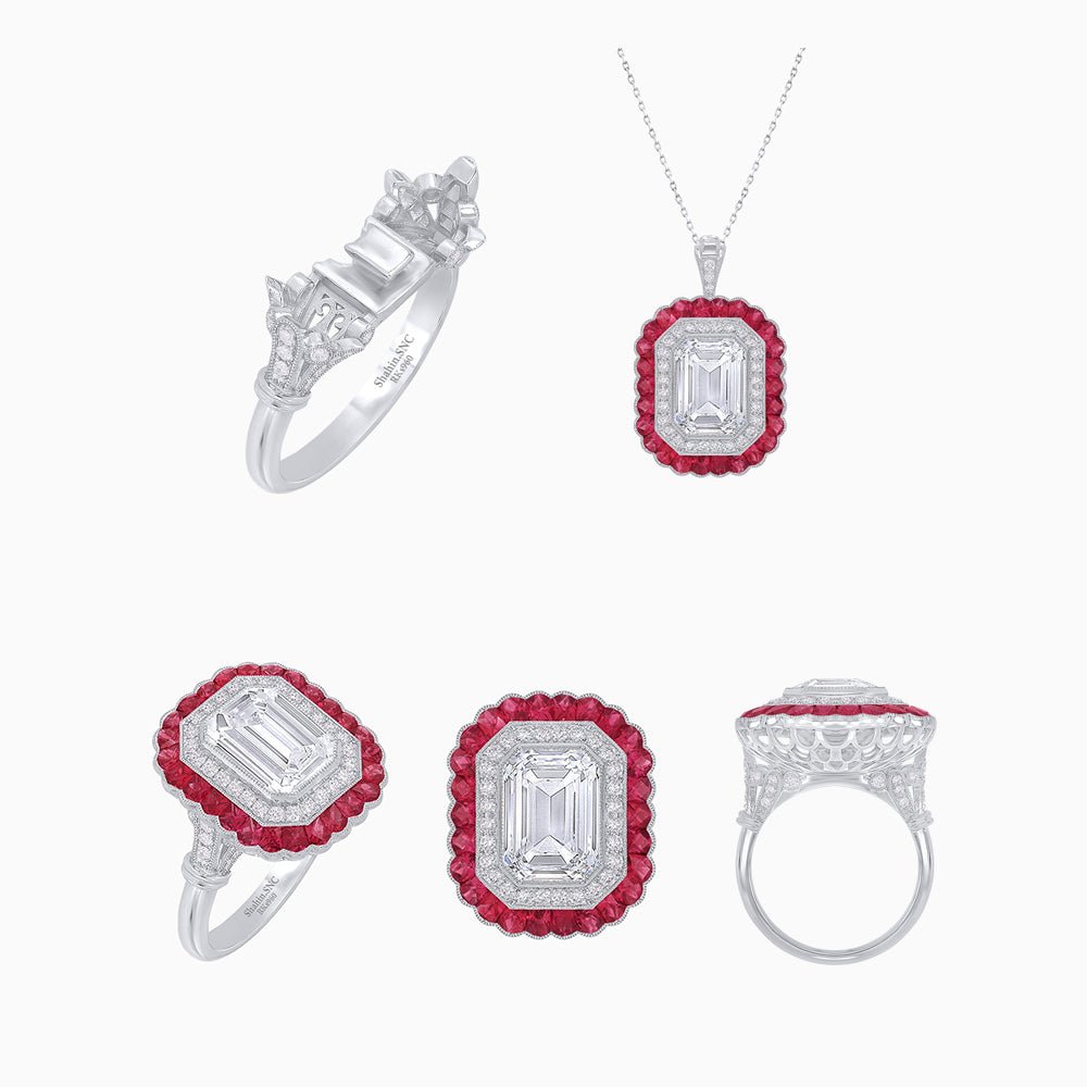 Art Deco Inspired Convertible Emerald Cut Double Halo Ring Pendant - Shahin Jewelry