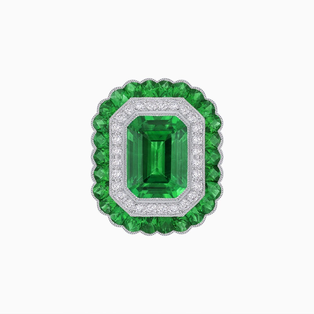 Art Deco Inspired Convertible Emerald Cut Double Halo Ring Pendant - Shahin Jewelry