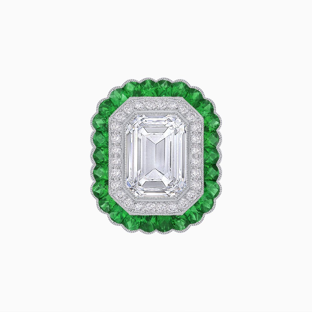 Art Deco Inspired Convertible Emerald Cut Double Halo Ring Pendant - Shahin Jewelry