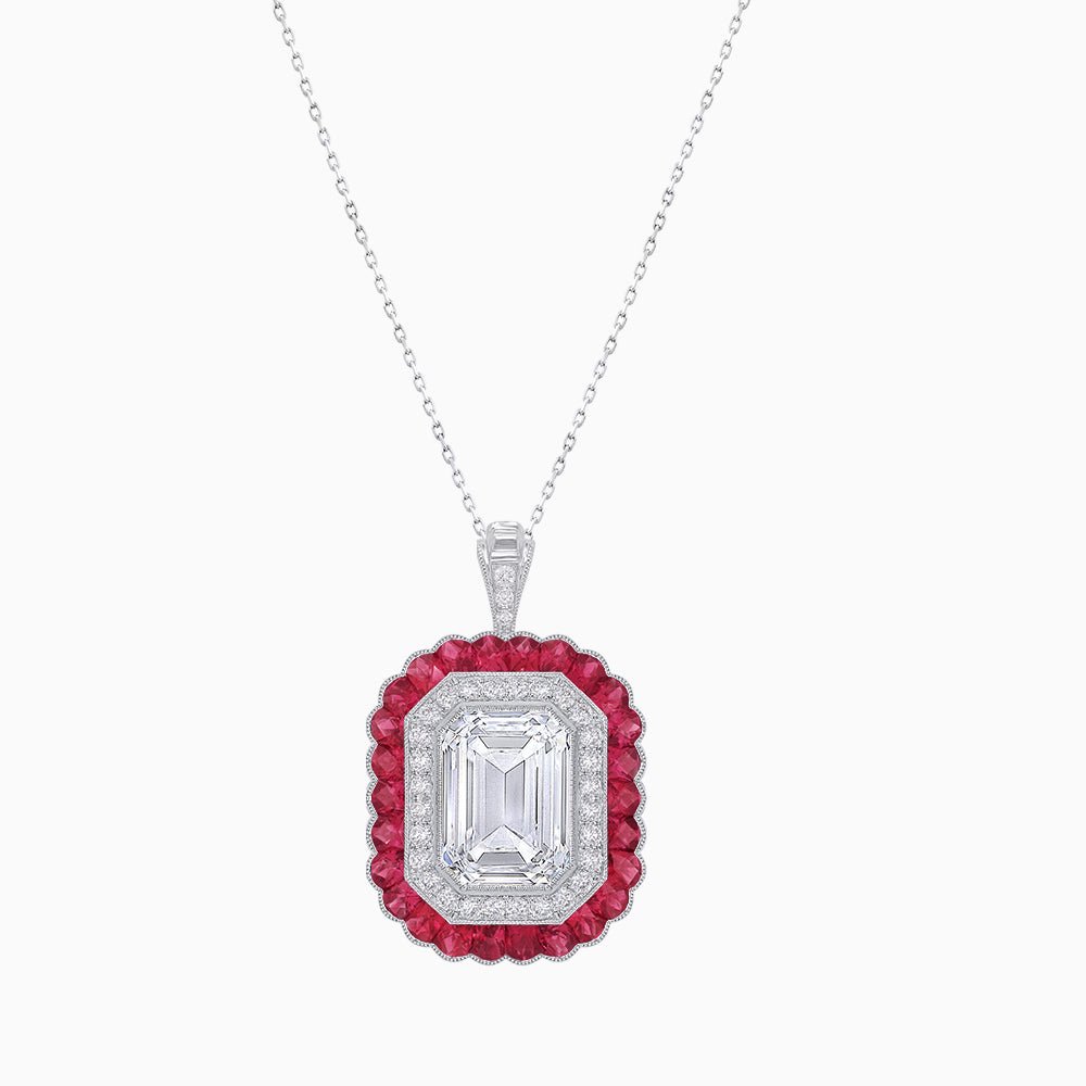 Art Deco Inspired Convertible Emerald Cut Double Halo Ring Pendant - Shahin Jewelry