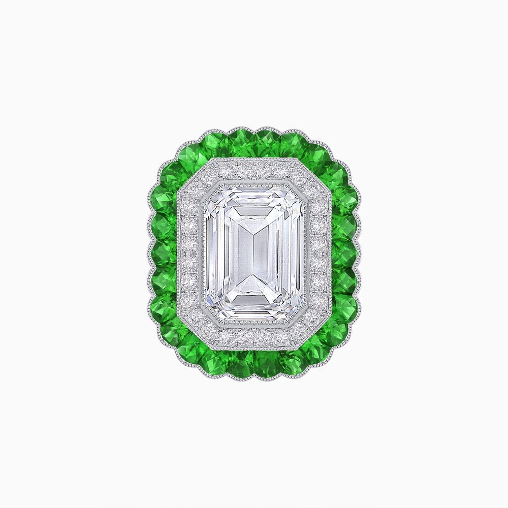 Art Deco Inspired Convertible Emerald Cut Double Halo Ring Pendant - Shahin Jewelry