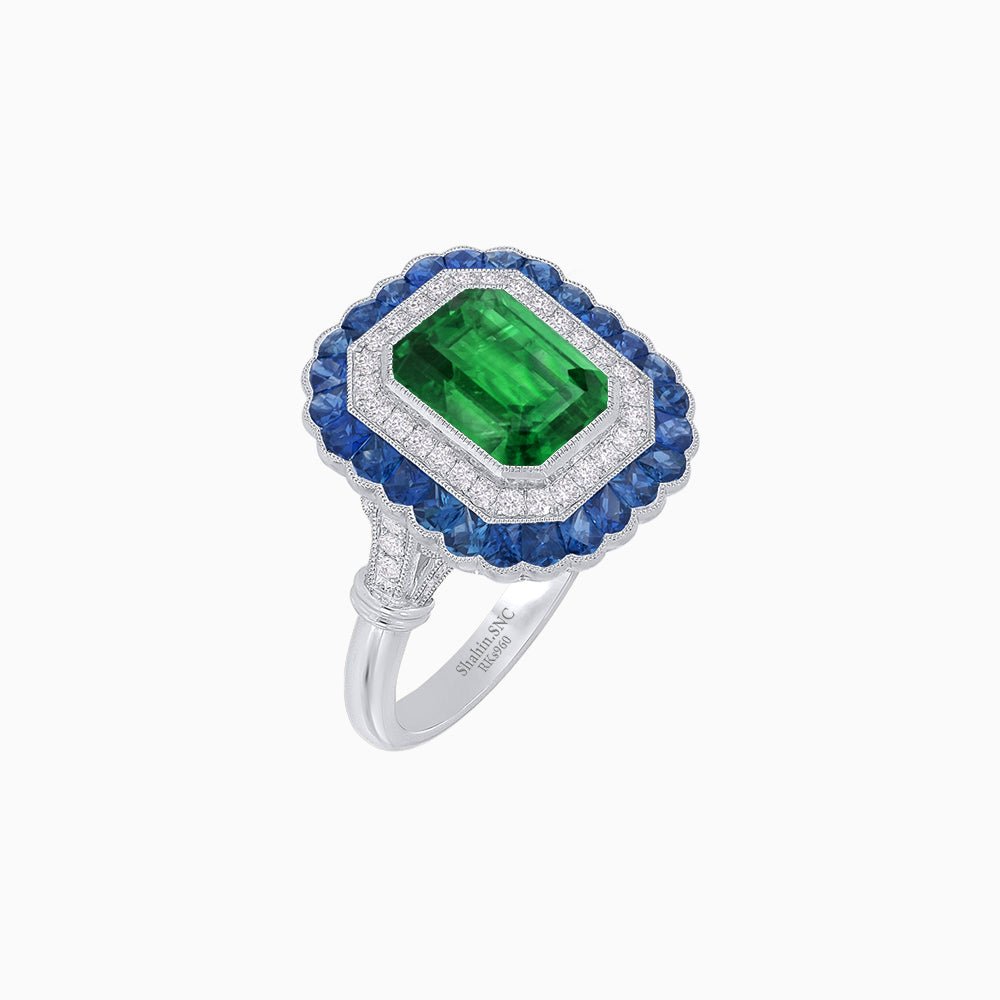 Art Deco Inspired Convertible Emerald Cut Double Halo Ring Pendant - Shahin Jewelry