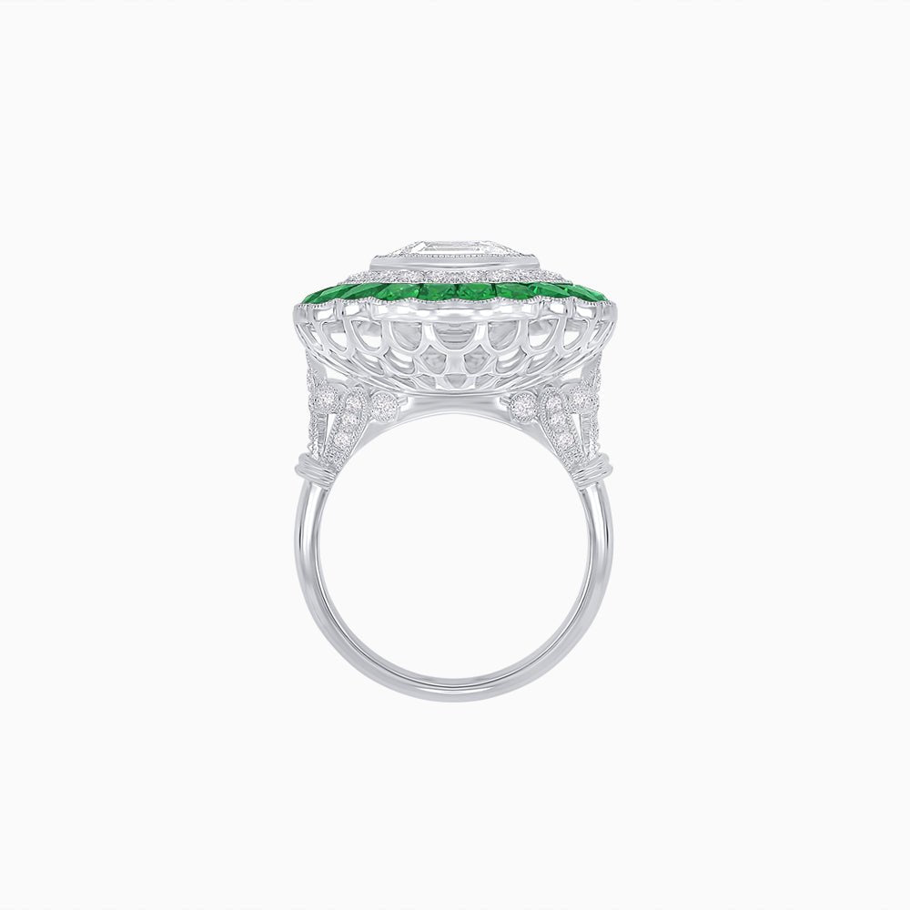 Art Deco Inspired Convertible Emerald Cut Double Halo Ring Pendant - Shahin Jewelry