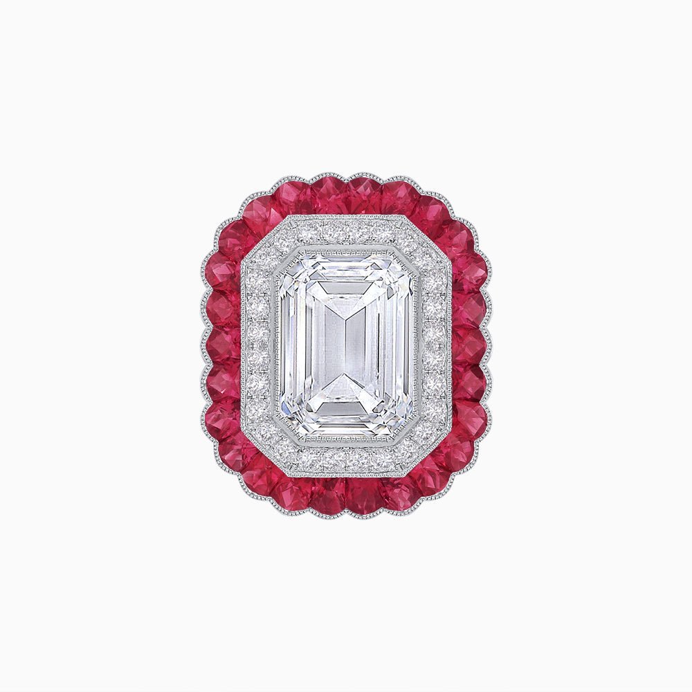Art Deco Inspired Convertible Emerald Cut Double Halo Ring Pendant - Shahin Jewelry