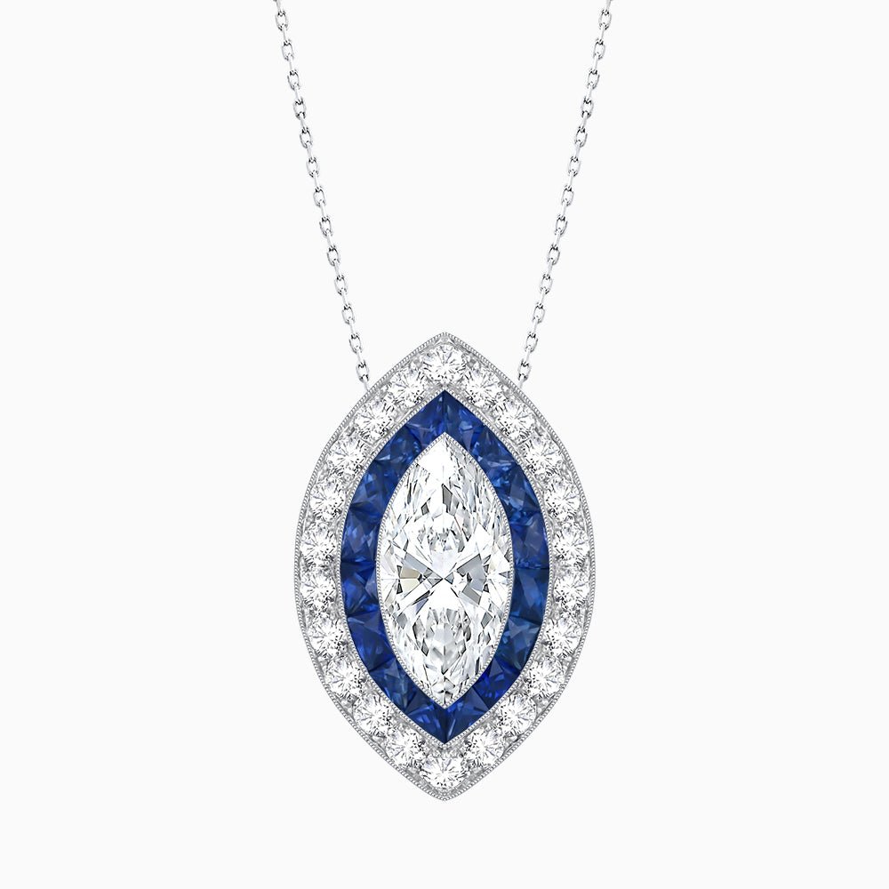 Art Deco Inspired Convertible Marquise Double Halo Ring Pendant - Shahin Jewelry