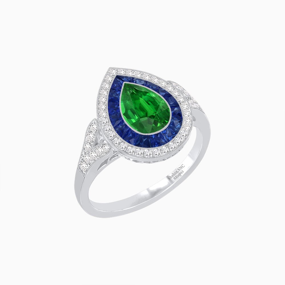 Art Deco Inspired Convertible Pear Double Halo Ring Pendant - Shahin Jewelry