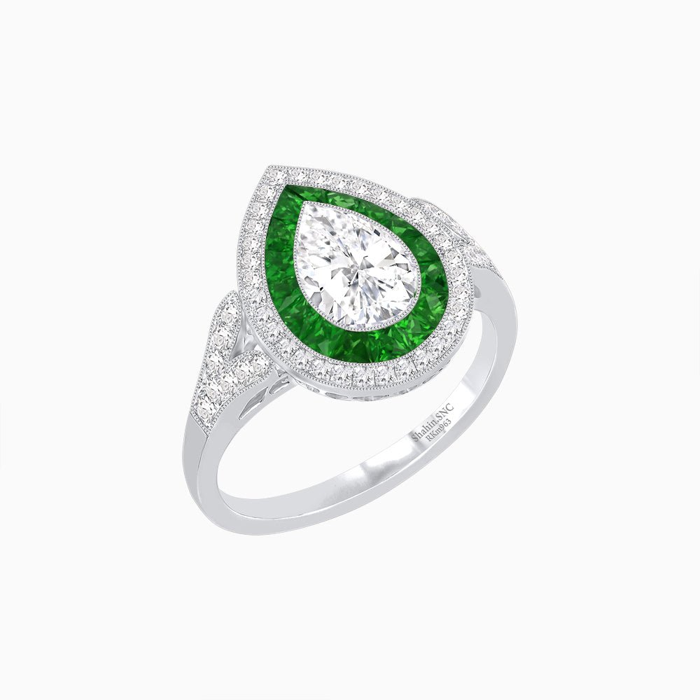 Art Deco Inspired Convertible Pear Double Halo Ring Pendant - Shahin Jewelry