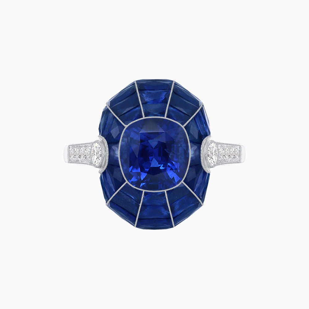 Art Deco Inspired Cushion-Cut Center and Calibré-Cut Gemstone Cocktail Ring - Shahin Jewelry