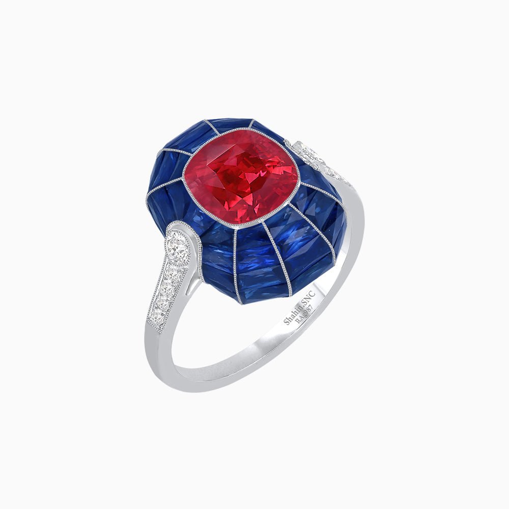 Art Deco Inspired Cushion-Cut Center and Calibré-Cut Gemstone Cocktail Ring - Shahin Jewelry