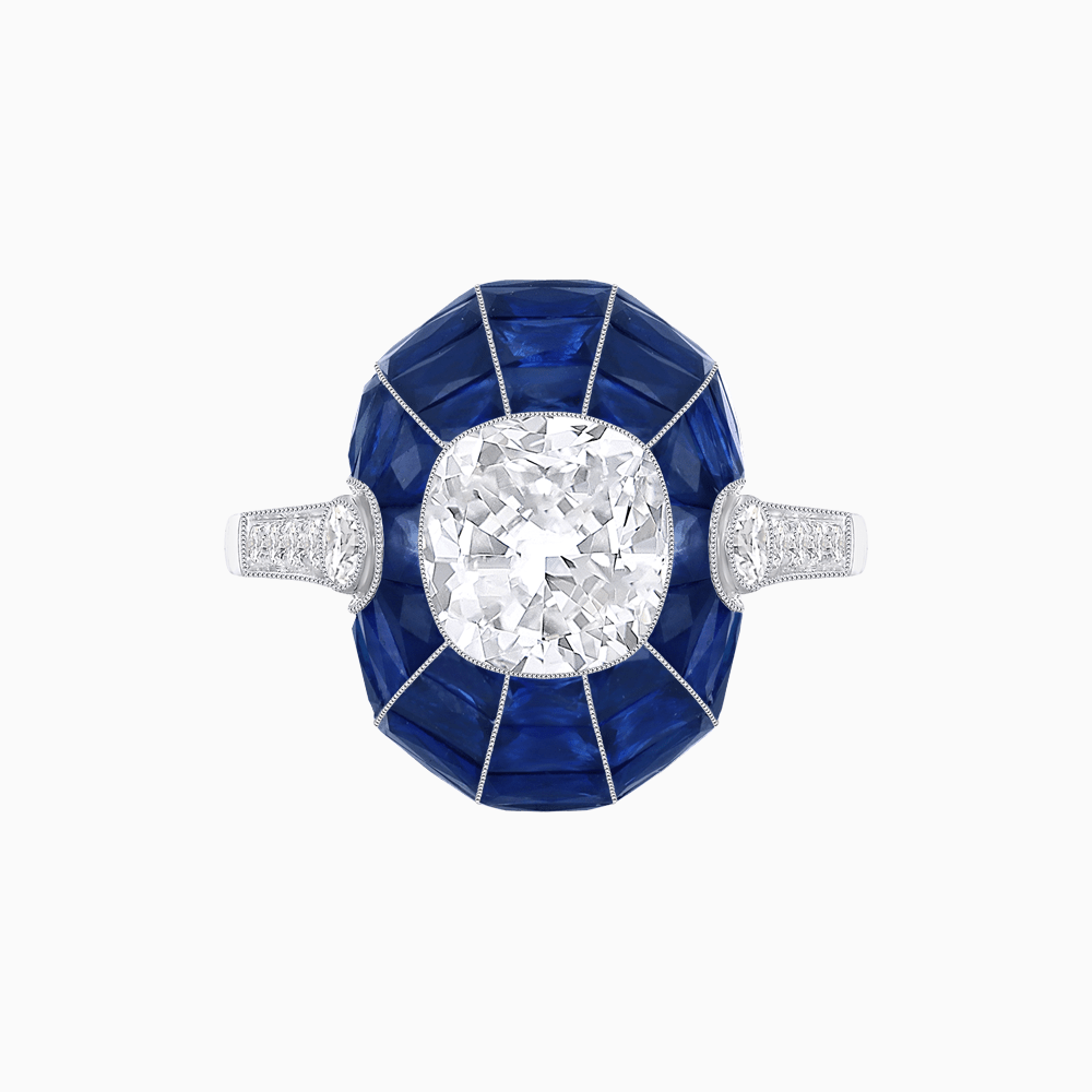 Art Deco Inspired Cushion-Cut Center and Calibré-Cut Gemstone Cocktail Ring - Shahin Jewelry