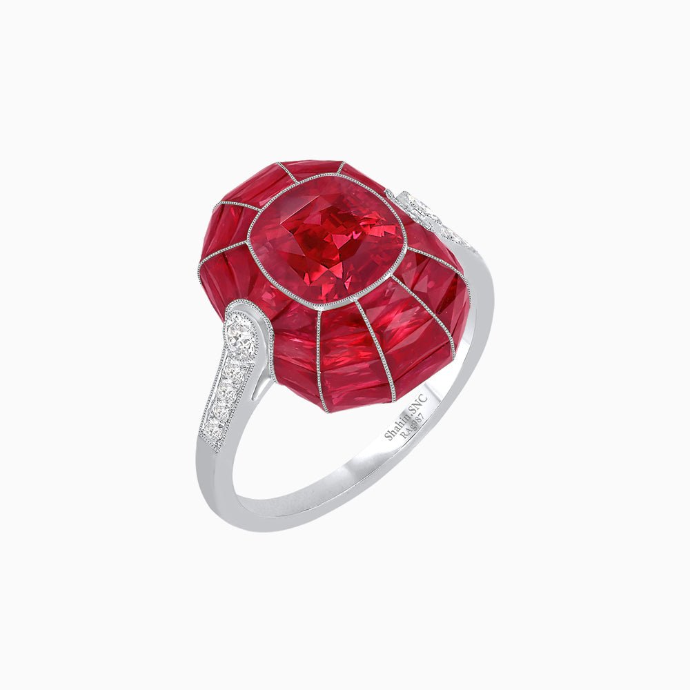 Art Deco Inspired Cushion-Cut Center and Calibré-Cut Gemstone Cocktail Ring - Shahin Jewelry