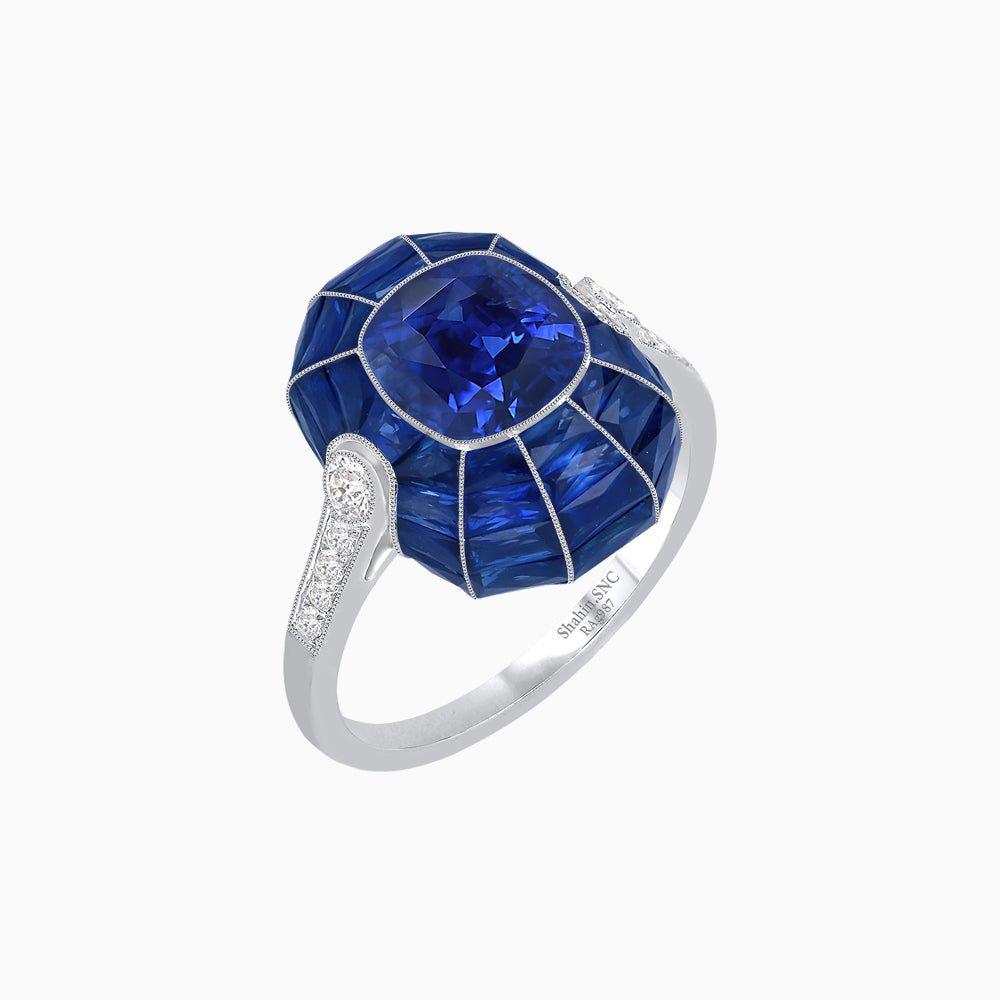 Art Deco Inspired Cushion-Cut Center and Calibré-Cut Gemstone Cocktail Ring - Shahin Jewelry