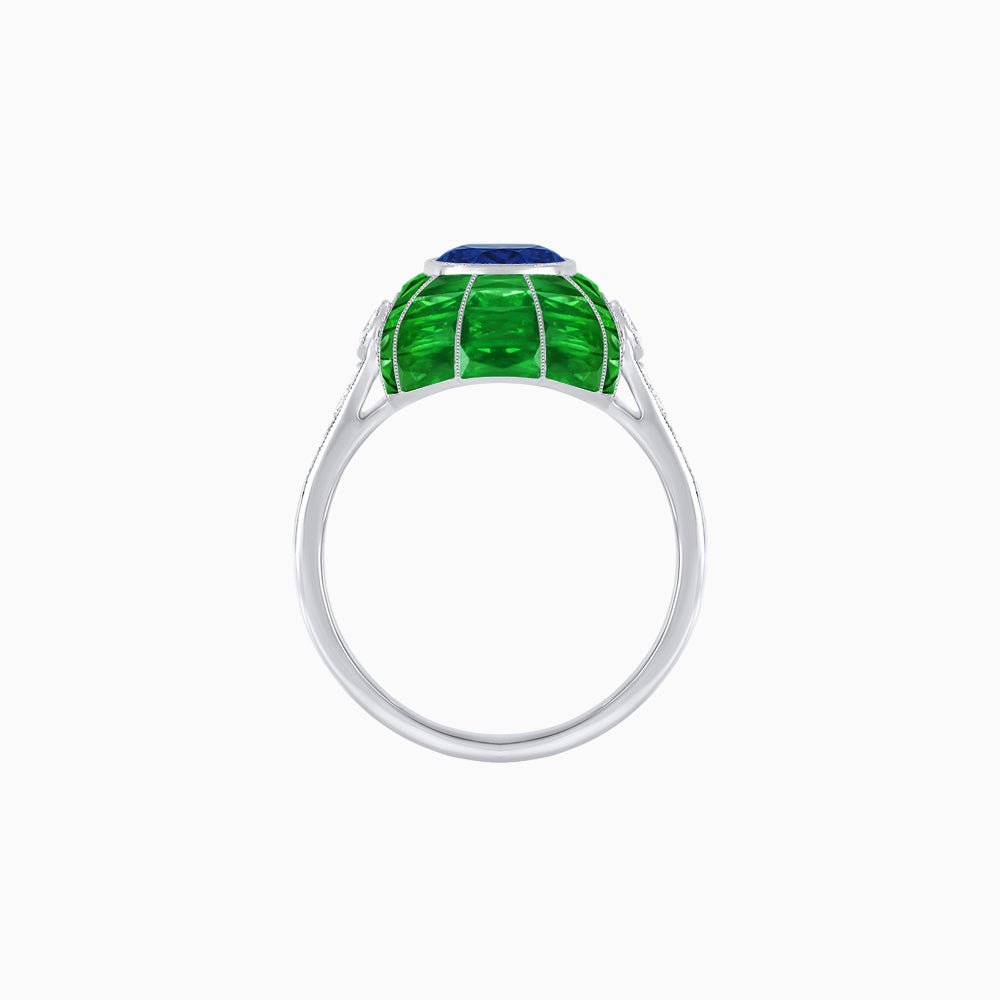 Art Deco Inspired Cushion-Cut Center and Calibré-Cut Gemstone Cocktail Ring - Shahin Jewelry