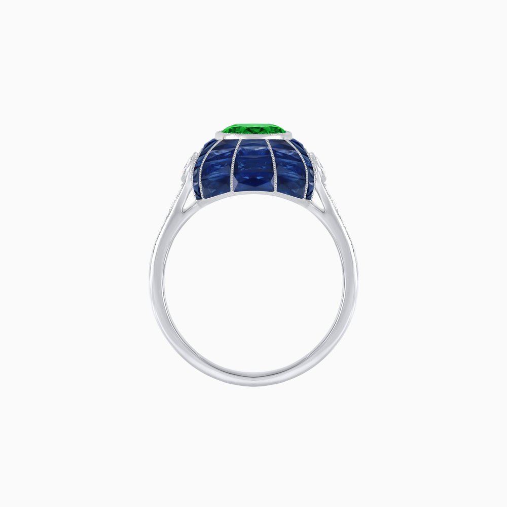 Art Deco Inspired Cushion-Cut Center and Calibré-Cut Gemstone Cocktail Ring - Shahin Jewelry