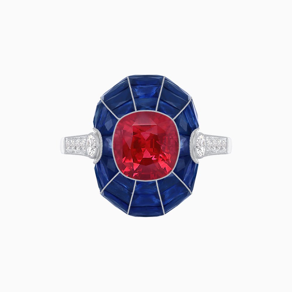 Art Deco Inspired Cushion-Cut Center and Calibré-Cut Gemstone Cocktail Ring - Shahin Jewelry