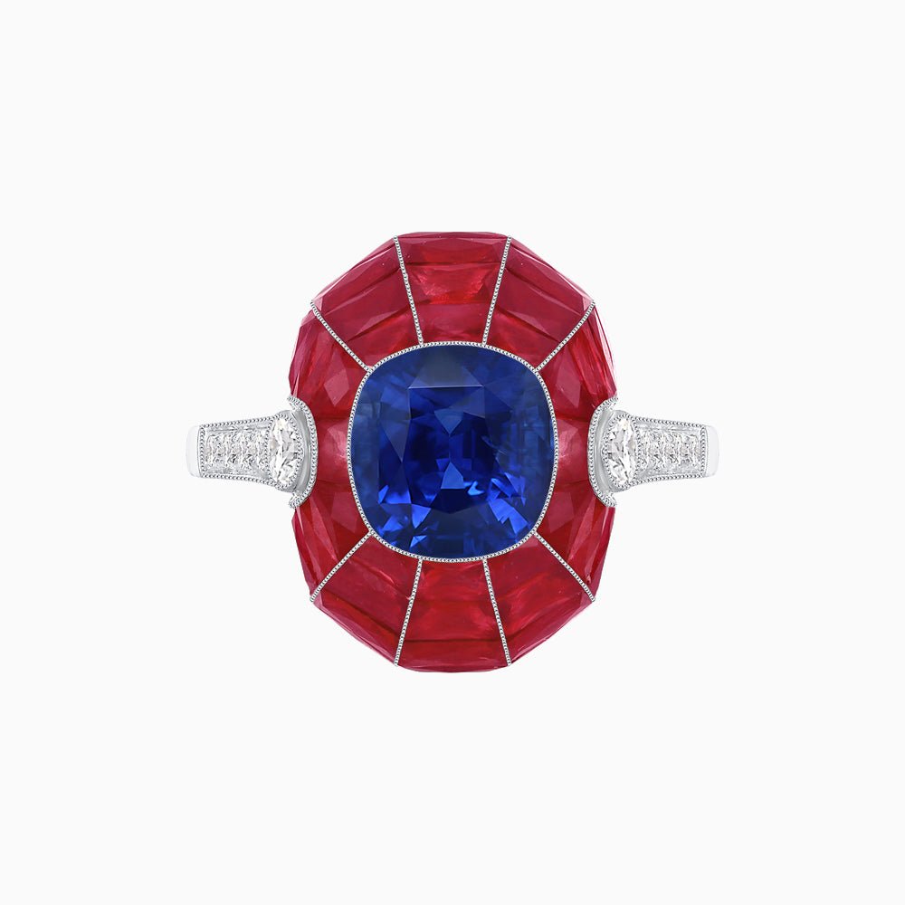 Art Deco Inspired Cushion-Cut Center and Calibré-Cut Gemstone Cocktail Ring - Shahin Jewelry