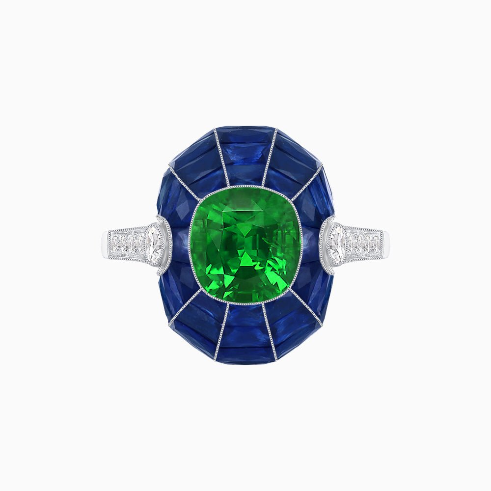 Art Deco Inspired Cushion-Cut Center and Calibré-Cut Gemstone Cocktail Ring - Shahin Jewelry