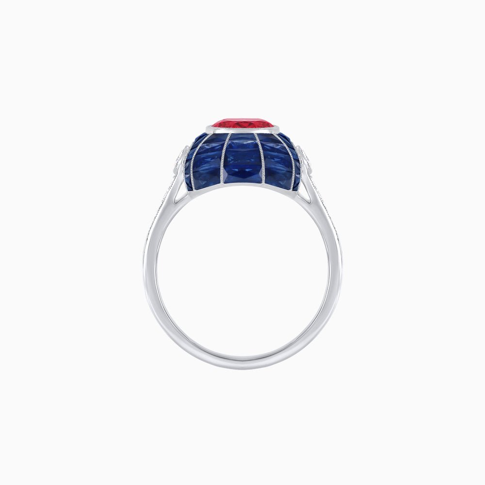 Art Deco Inspired Cushion-Cut Center and Calibré-Cut Gemstone Cocktail Ring - Shahin Jewelry