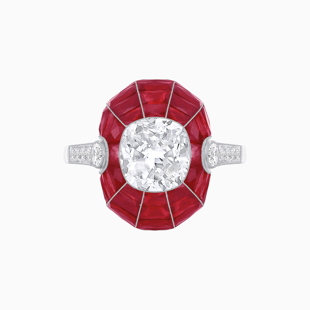 Art Deco Inspired Cushion-Cut Center and Calibré-Cut Gemstone Cocktail Ring - Shahin Jewelry