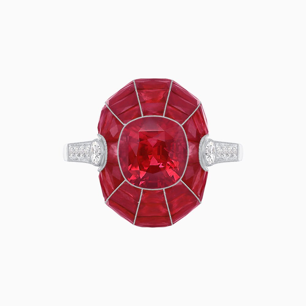 Art Deco Inspired Cushion-Cut Center and Calibré-Cut Gemstone Cocktail Ring - Shahin Jewelry