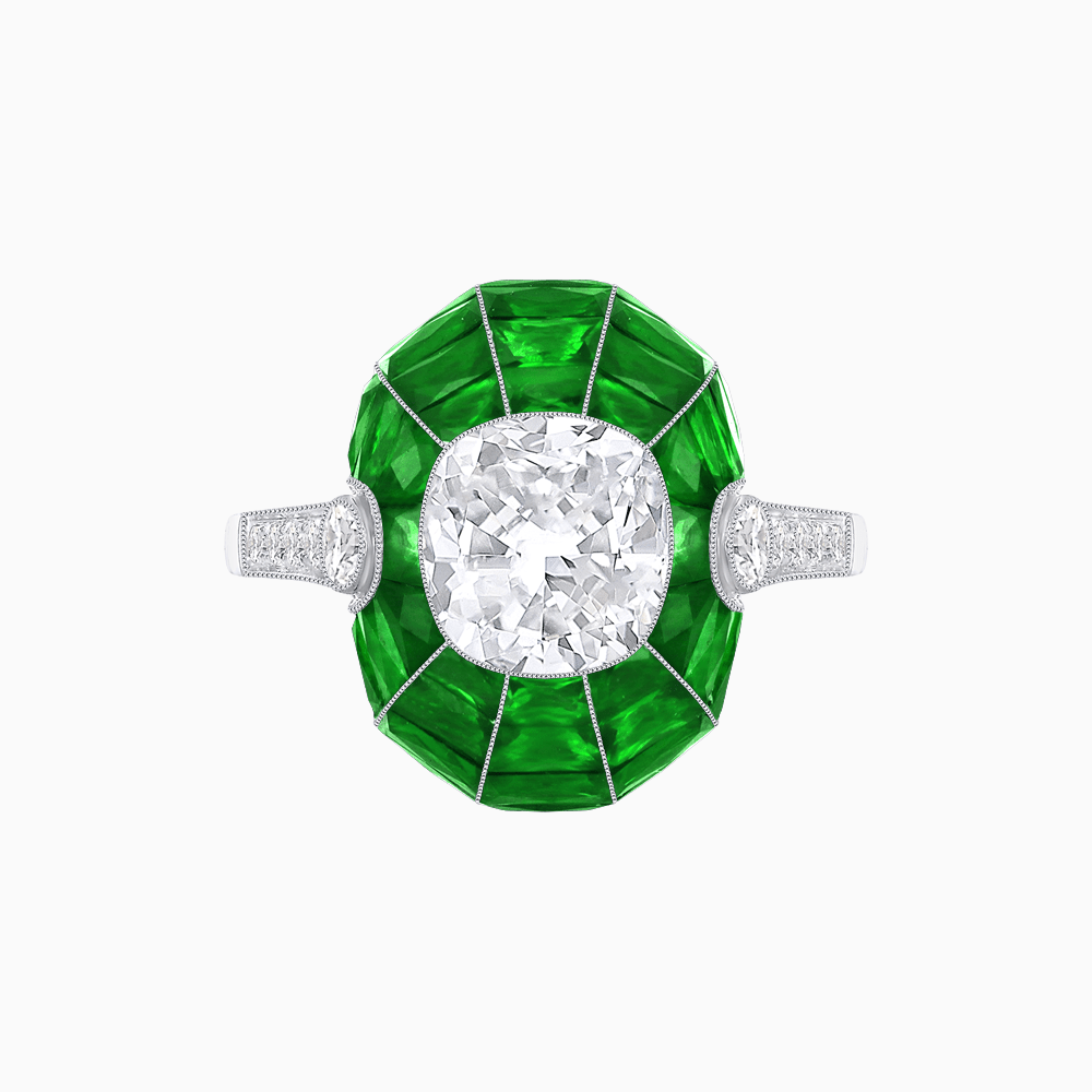 Art Deco Inspired Cushion-Cut Center and Calibré-Cut Gemstone Cocktail Ring - Shahin Jewelry