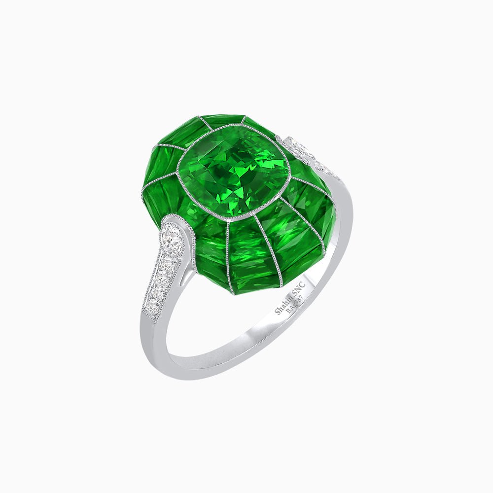 Art Deco Inspired Cushion-Cut Center and Calibré-Cut Gemstone Cocktail Ring - Shahin Jewelry