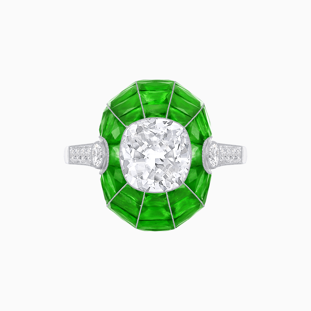 Art Deco Inspired Cushion-Cut Center and Calibré-Cut Gemstone Cocktail Ring - Shahin Jewelry
