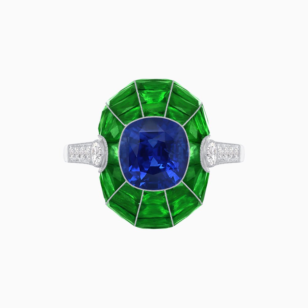 Art Deco Inspired Cushion-Cut Center and Calibré-Cut Gemstone Cocktail Ring - Shahin Jewelry