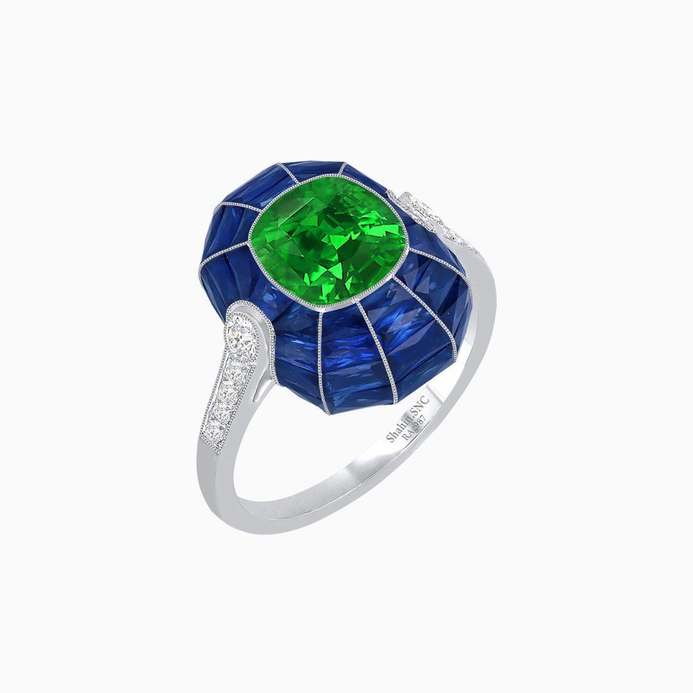 Art Deco Inspired Cushion-Cut Center and Calibré-Cut Gemstone Cocktail Ring - Shahin Jewelry