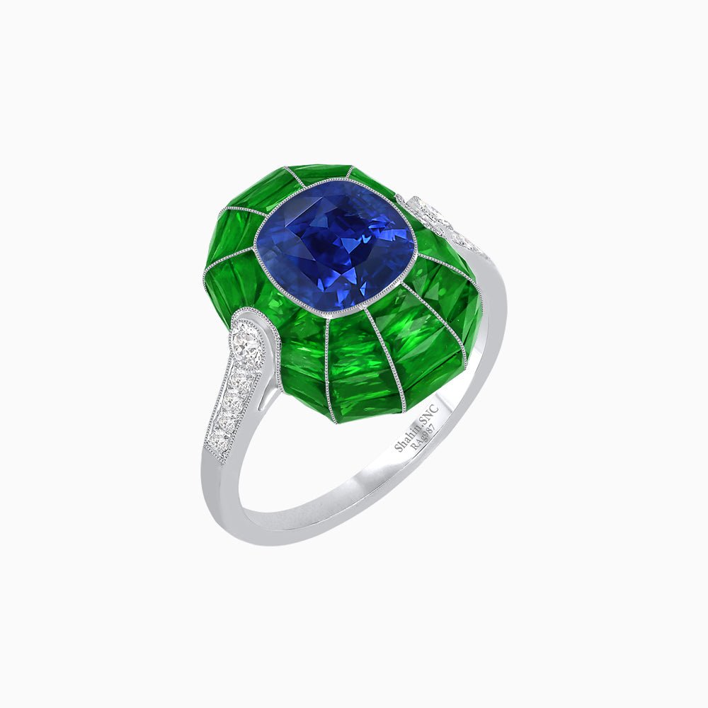 Art Deco Inspired Cushion-Cut Center and Calibré-Cut Gemstone Cocktail Ring - Shahin Jewelry