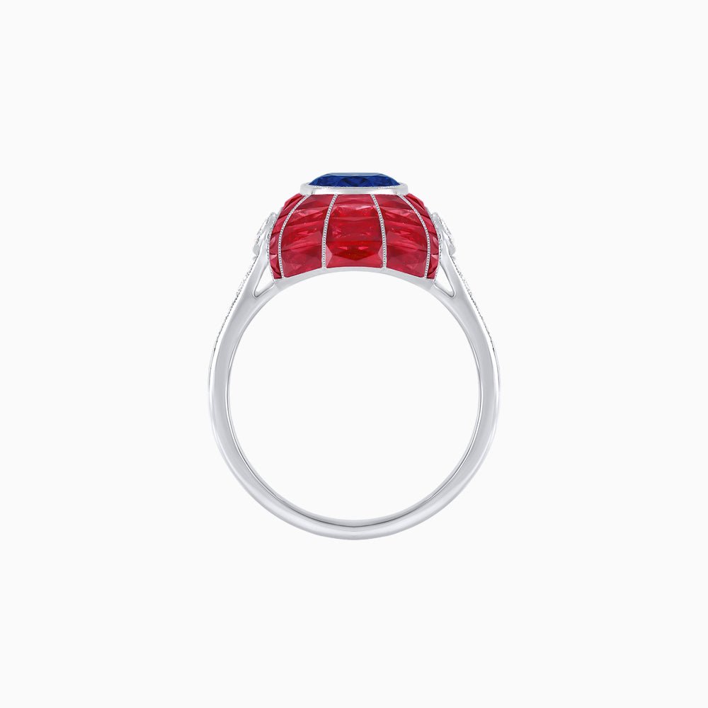 Art Deco Inspired Cushion-Cut Center and Calibré-Cut Gemstone Cocktail Ring - Shahin Jewelry