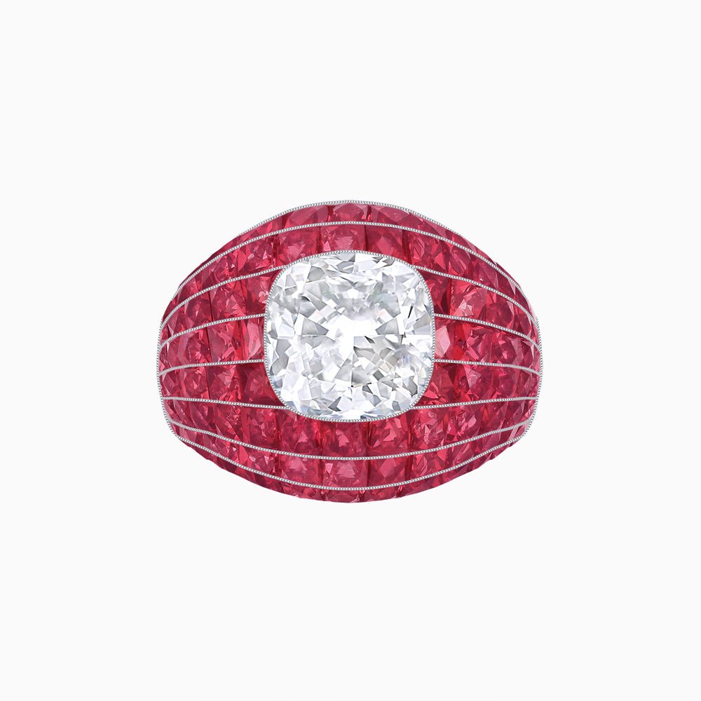 Art Deco Inspired Cushion Cut Center and Invisible-Set Calibré-Cut Dome Ring - Shahin Jewelry