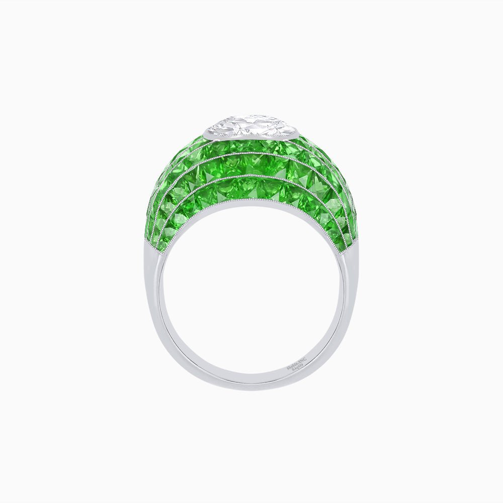 Art Deco Inspired Cushion Cut Center and Invisible-Set Calibré-Cut Dome Ring - Shahin Jewelry