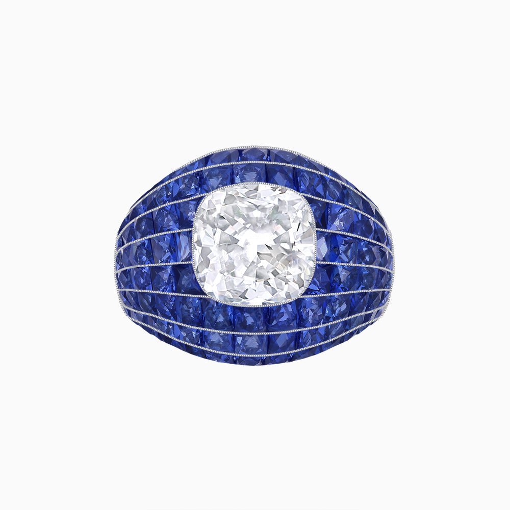Art Deco Inspired Cushion Cut Center and Invisible-Set Calibré-Cut Dome Ring - Shahin Jewelry