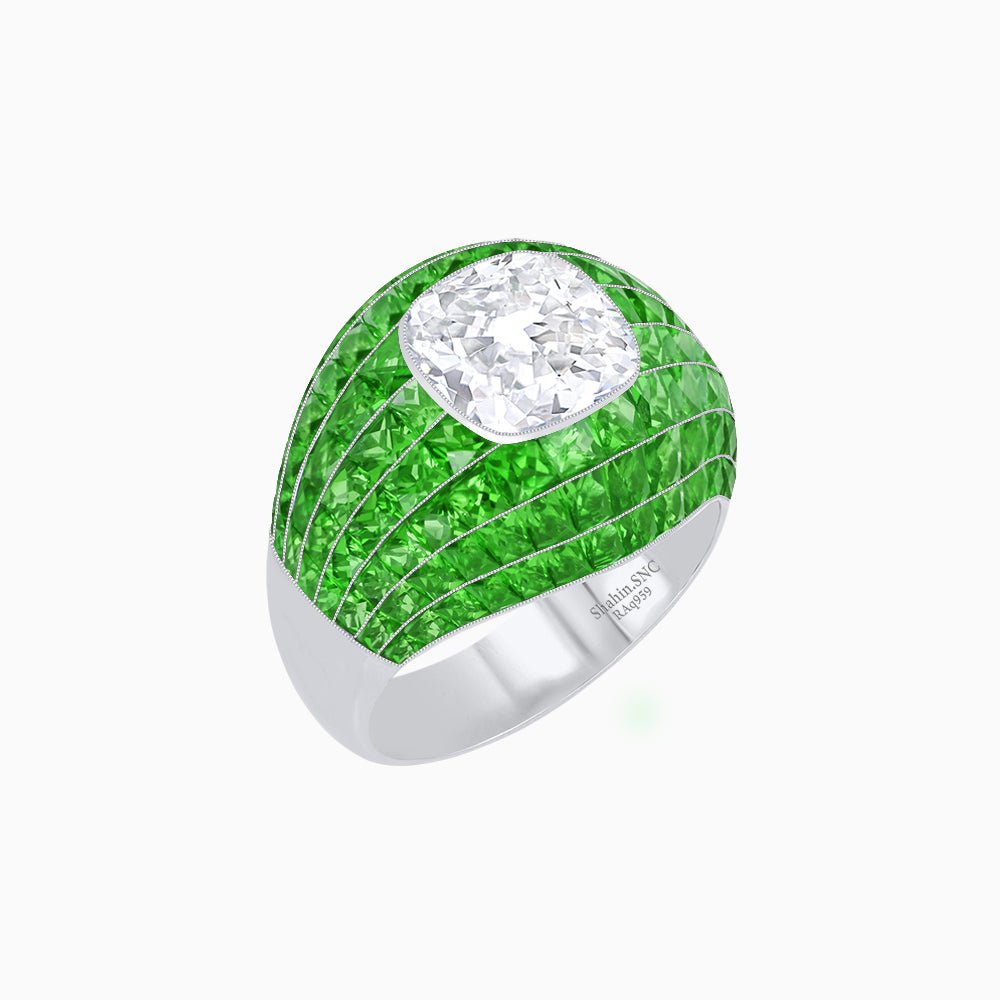 Art Deco Inspired Cushion Cut Center and Invisible-Set Calibré-Cut Dome Ring - Shahin Jewelry