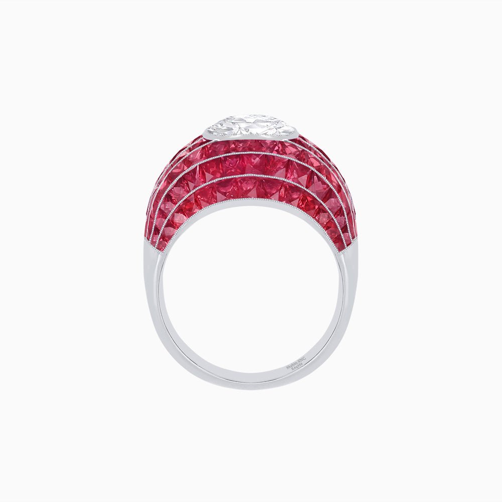 Art Deco Inspired Cushion Cut Center and Invisible-Set Calibré-Cut Dome Ring - Shahin Jewelry