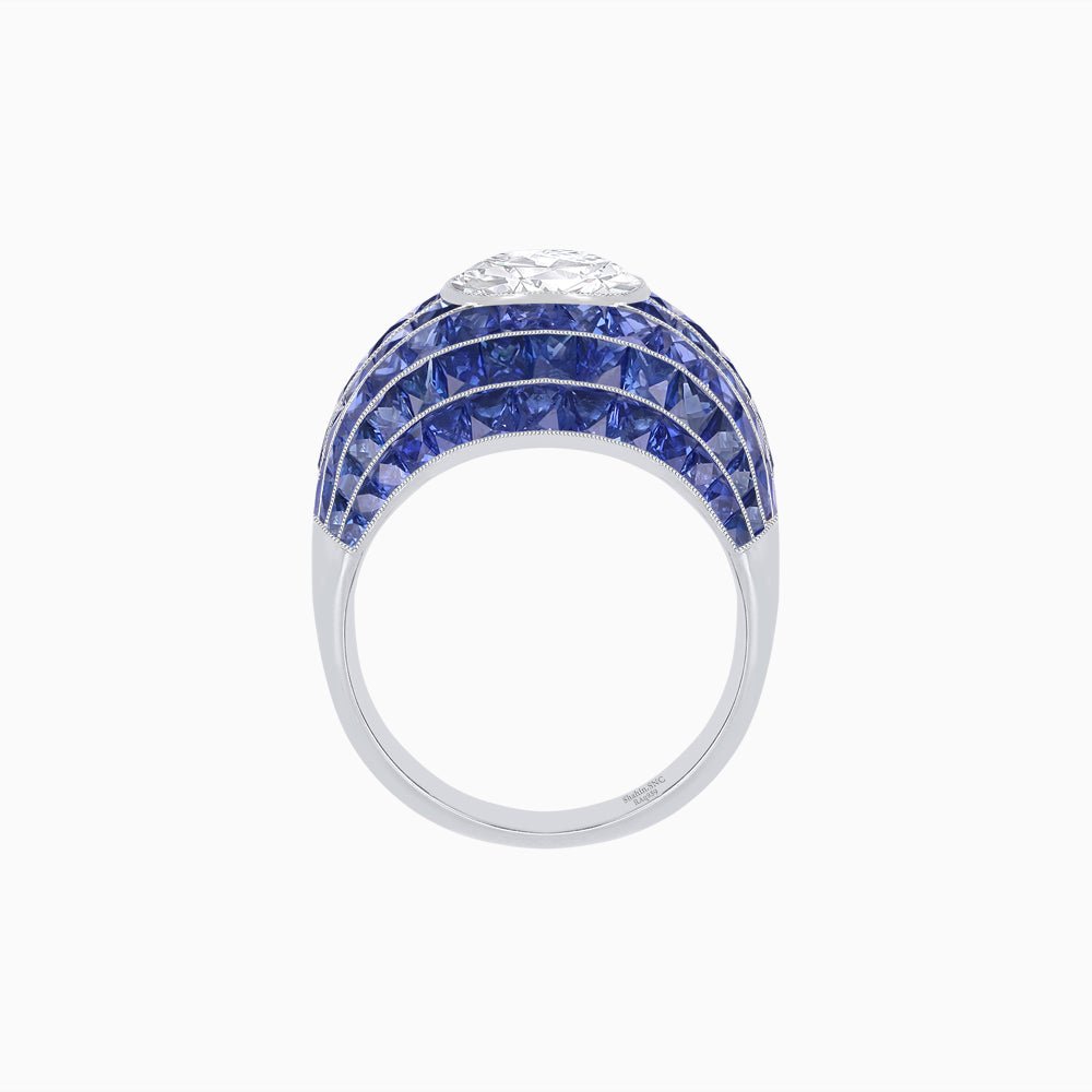 Art Deco Inspired Cushion Cut Center and Invisible-Set Calibré-Cut Dome Ring - Shahin Jewelry