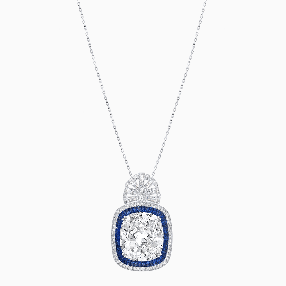 Art Deco Inspired Cushion Cut Double Halo Pendant with Fan Bail - Shahin Jewelry