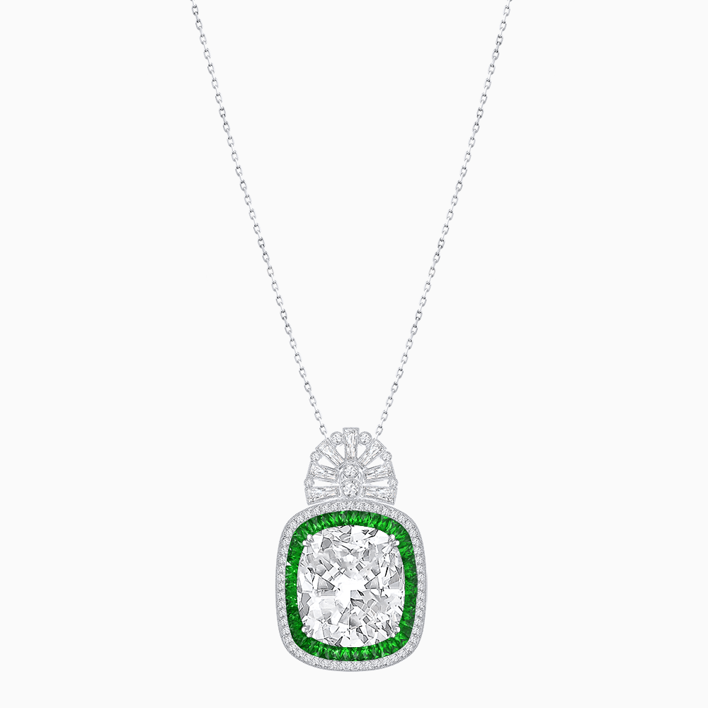 Art Deco Inspired Cushion Cut Double Halo Pendant with Fan Bail - Shahin Jewelry