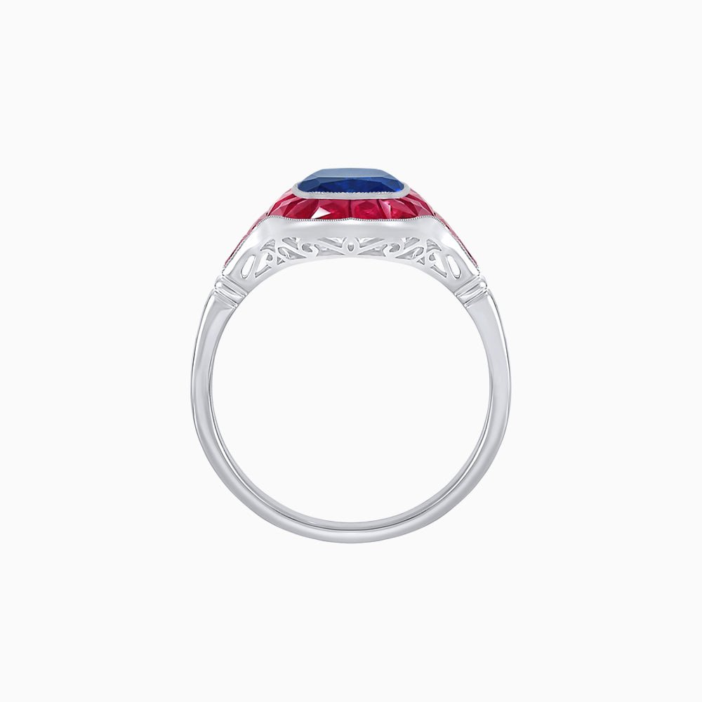 Art Deco Inspired Cushion Cut Halo Ring with Calibré-Cut Gemstones - Shahin Jewelry