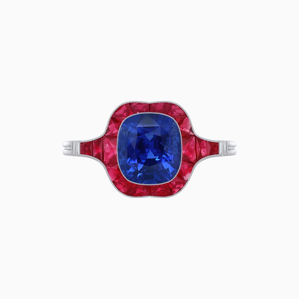 Art Deco Inspired Cushion Cut Halo Ring with Calibré-Cut Gemstones - Shahin Jewelry