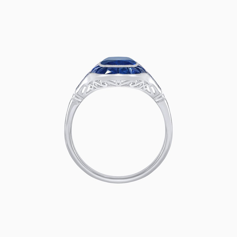 Art Deco Inspired Cushion Cut Halo Ring with Calibré-Cut Gemstones - Shahin Jewelry