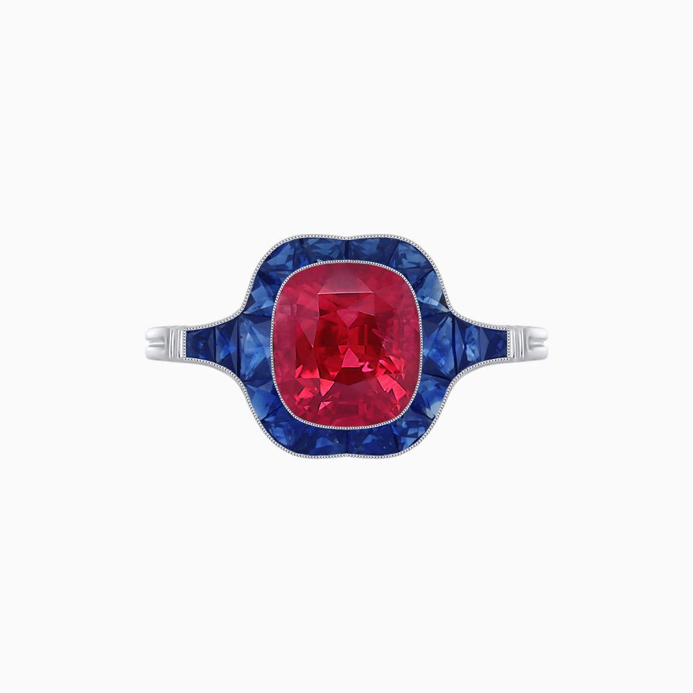 Art Deco Inspired Cushion Cut Halo Ring with Calibré-Cut Gemstones - Shahin Jewelry