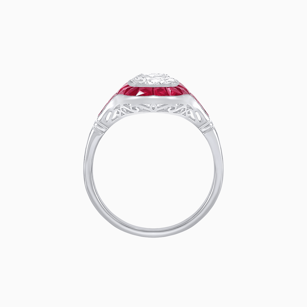 Art Deco Inspired Cushion Cut Halo Ring with Calibré-Cut Gemstones - Shahin Jewelry