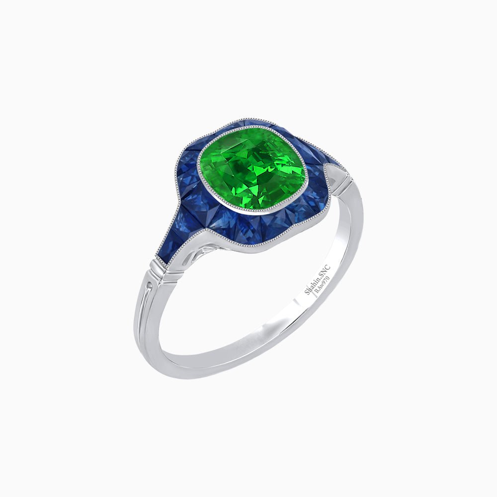 Art Deco Inspired Cushion Cut Halo Ring with Calibré-Cut Gemstones - Shahin Jewelry