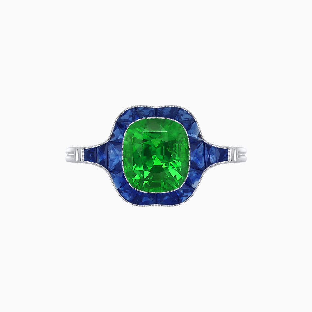 Art Deco Inspired Cushion Cut Halo Ring with Calibré-Cut Gemstones - Shahin Jewelry