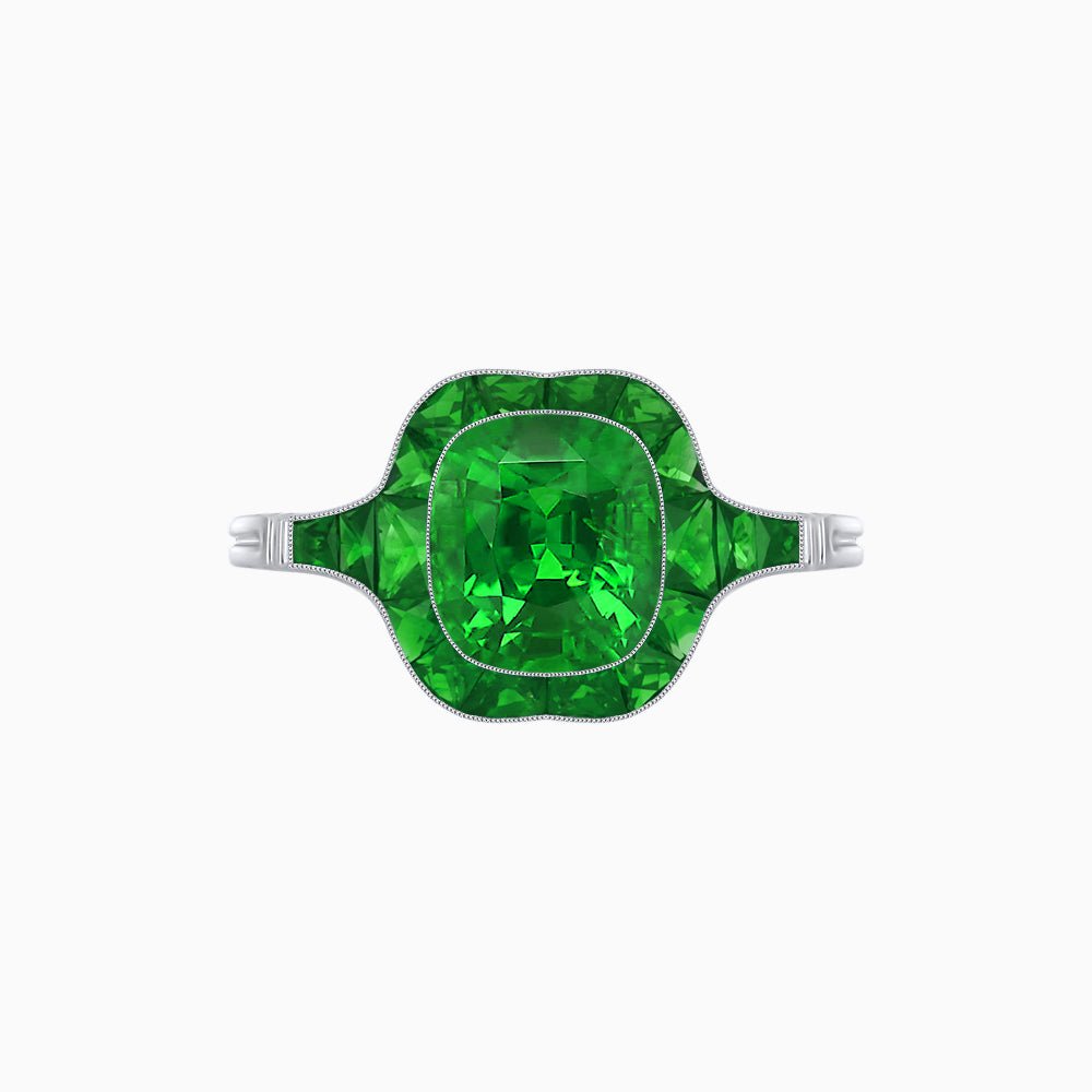 Art Deco Inspired Cushion Cut Halo Ring with Calibré-Cut Gemstones - Shahin Jewelry